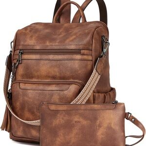 Bostanten Brown Leather Convertible Backpack and Pouch Set with Shoulder Strap